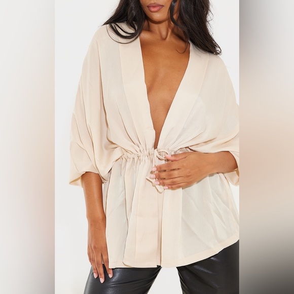 PLT Cream Textured Woven Plunge Tie Waist Blouse - Picture 3 of 4